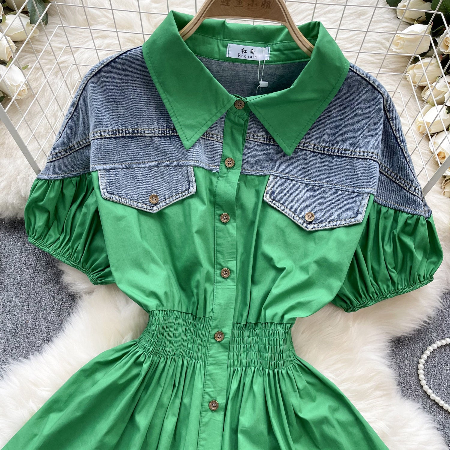 Women Contrast Patchwork Puff Sleeve Stretch Shirt 30