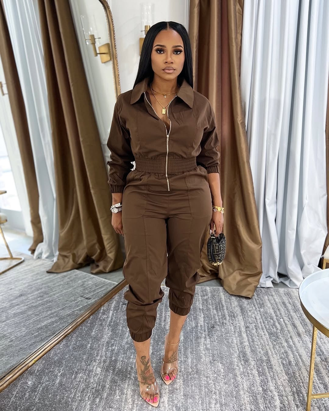 Women Turndown Collar Zipper Cargo Jumpsuit 6