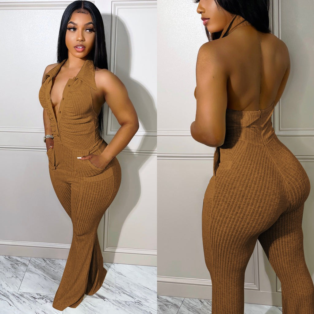 Women's Solid Color Sexy Low Back Halter Neck Turndown Collar Jumpsuit 8