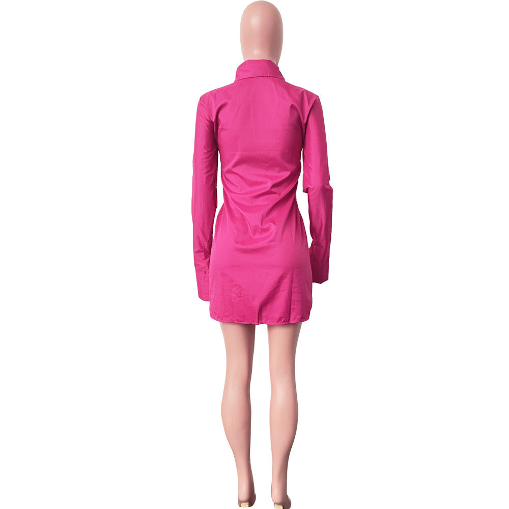 Women's Solid Color Single-Breasted Slit Long Sleeves Shirt Dress 28