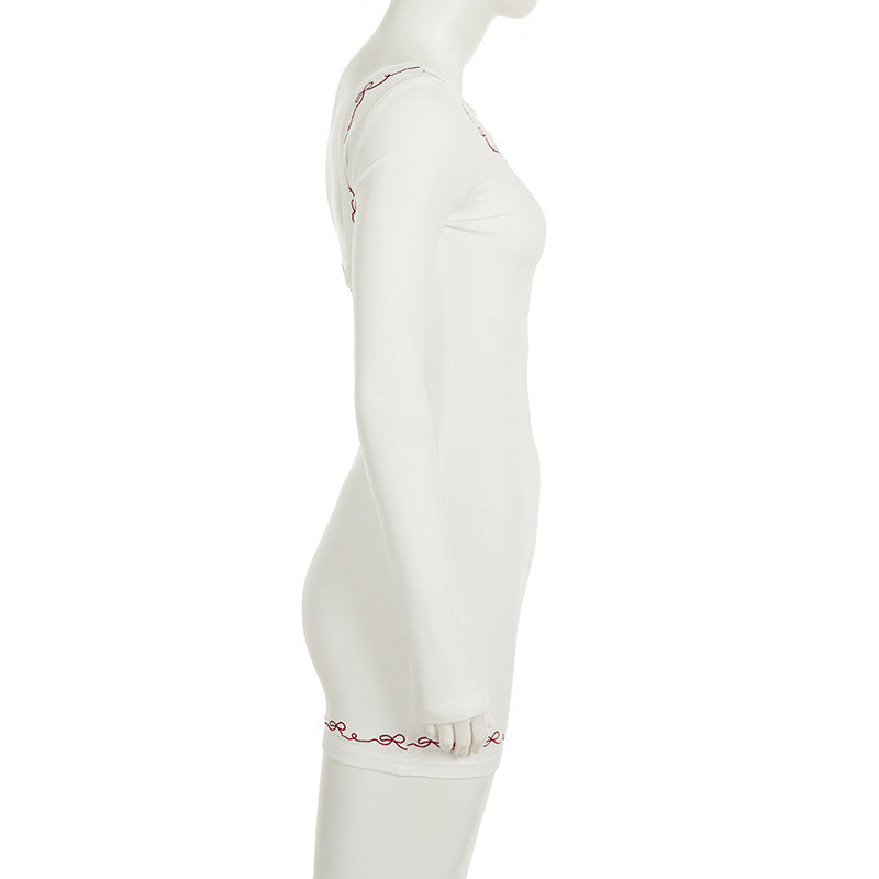 Women Bow Embroidered Long-Sleeved Backless Round Neck Bodycon Dress 8