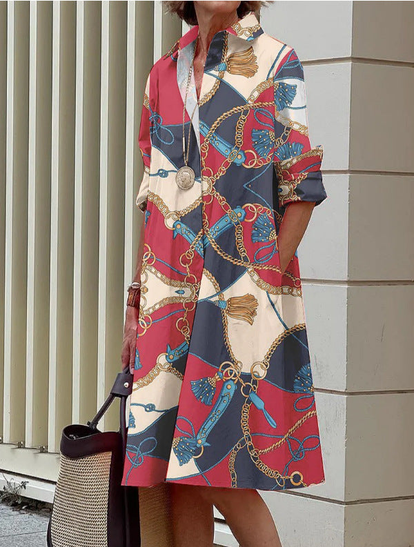 Fashion Print Turndown Collar Long Women's Shirt Dress 6