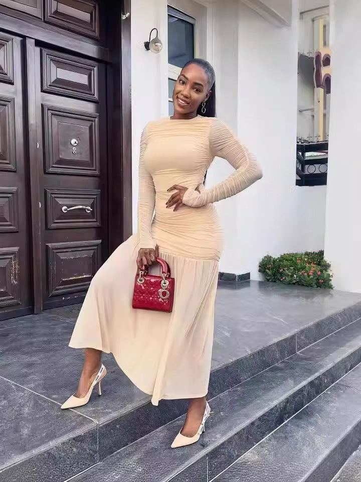 Women Elegant Sexy Round Neck Long Sleeve Pleated Solid Maxi Dress 6