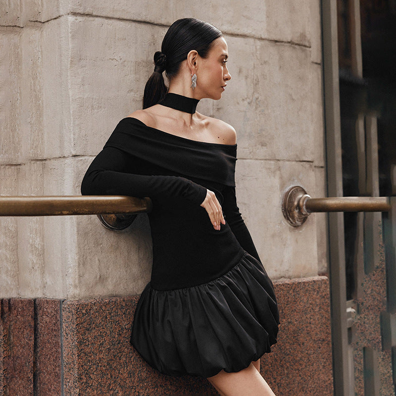 Autumn women's contrast color Off Shoulder long sleeve bubble dress 5