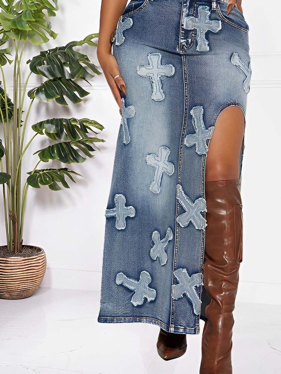 Women's Fashion Sexy High Stretch Embroidered Washed Denim Two Piece Skirt Set 5