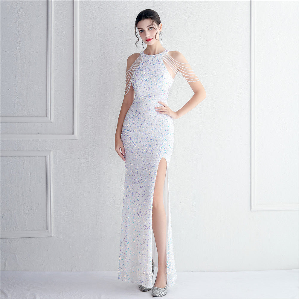 Beading Formal Party Chic Elegant Long Halter Neck Split Sequins Evening Dress 17