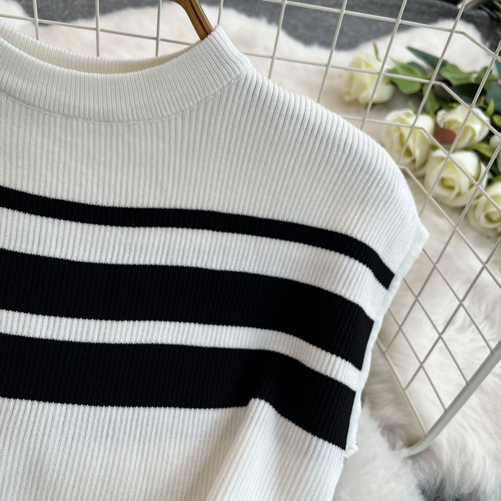 Fashion Women Sleeveless Slim Knitting Top Casual High Waist Straight Wide-Leg Pants Two-Piece Set 6