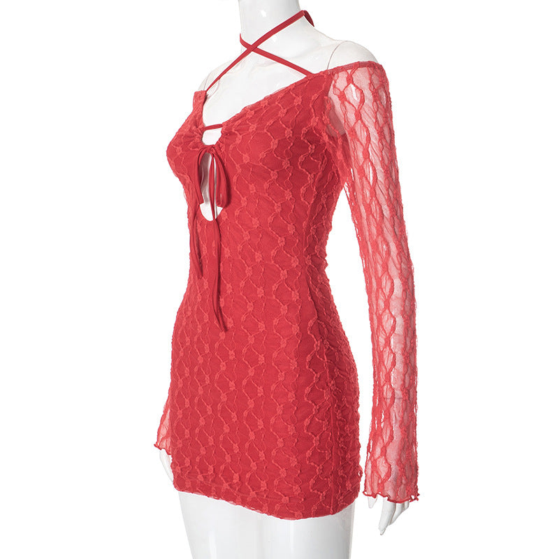 Women Spring Sexy Lace Hollow Tie Bodycon Dress 7