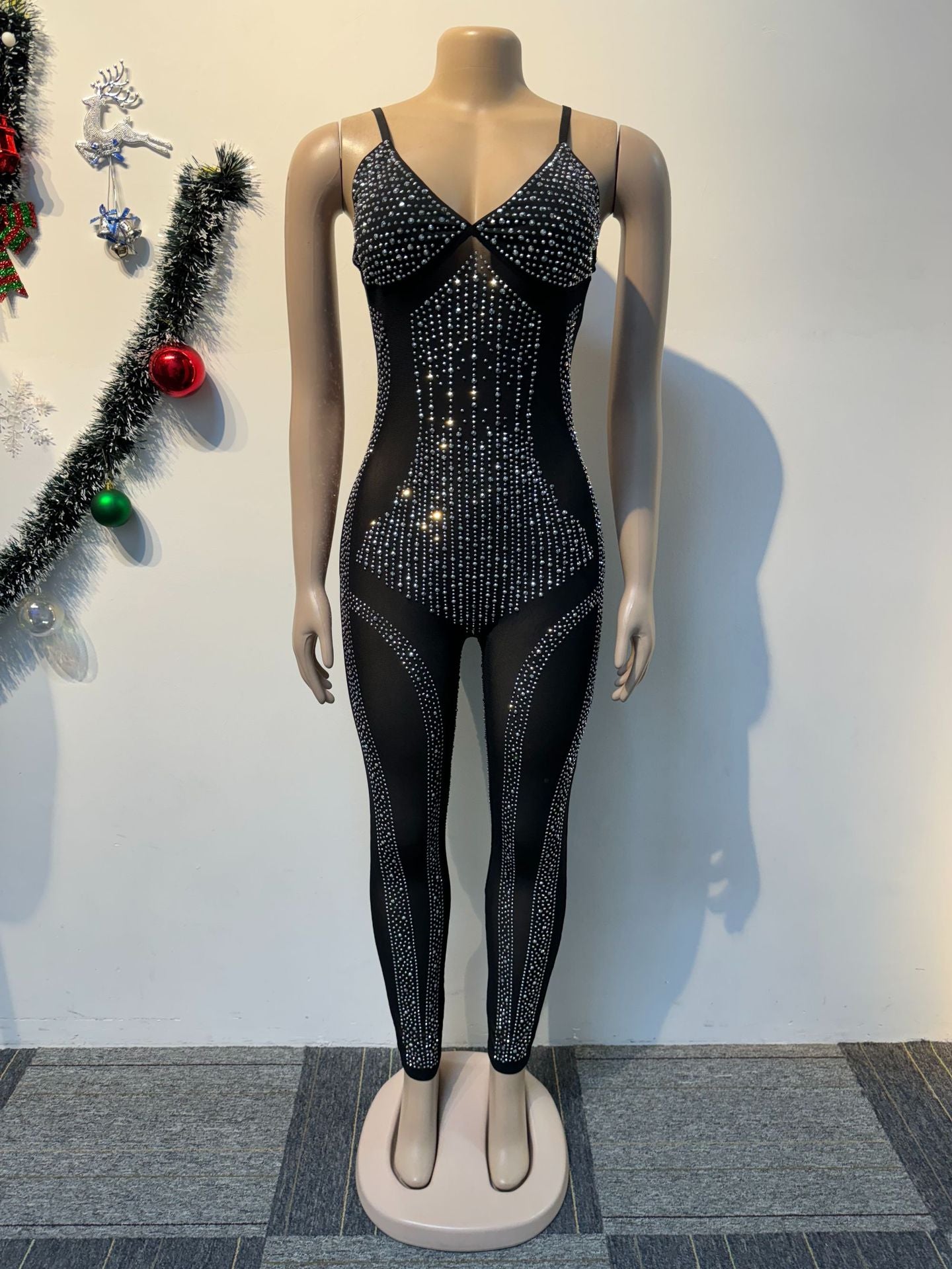 Beaded See-Through Mesh Strap Slim Jumpsuit 6