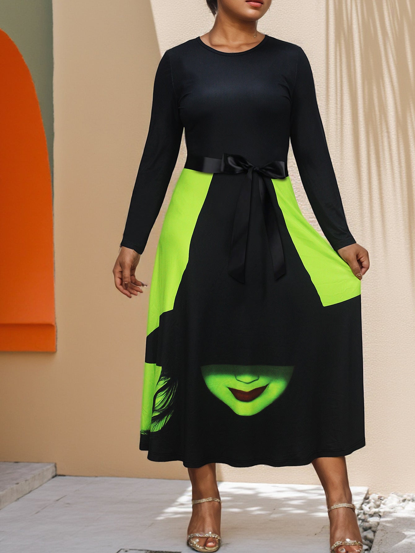 Women Halloween Witch Long-Sleeved Round Neck Dress 3