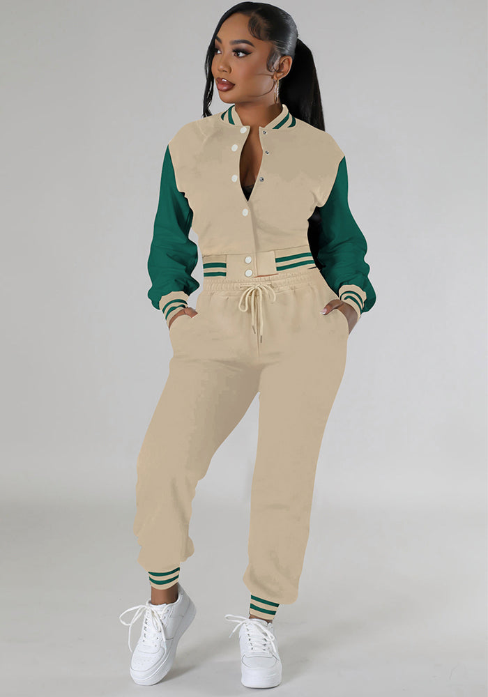 Women Patchwork Baseball Jacket and Pants Two-piece Set