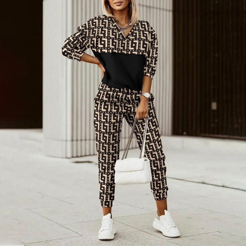 Women Printed Long Sleeve Top and Trousers Two-piece Set 4