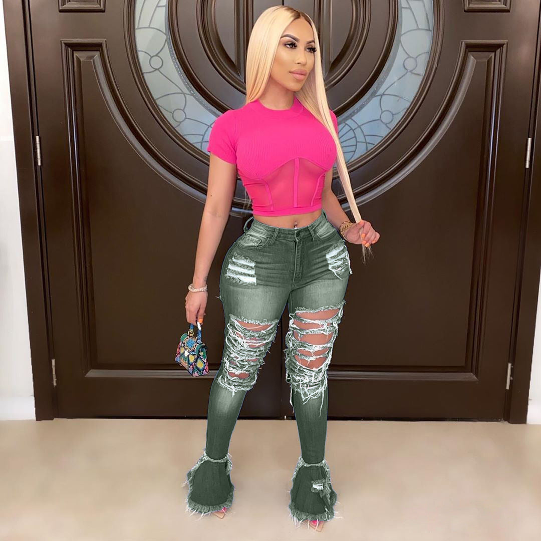 Women's Fringed Ripped Classic Denim Ruffle Trouser 13