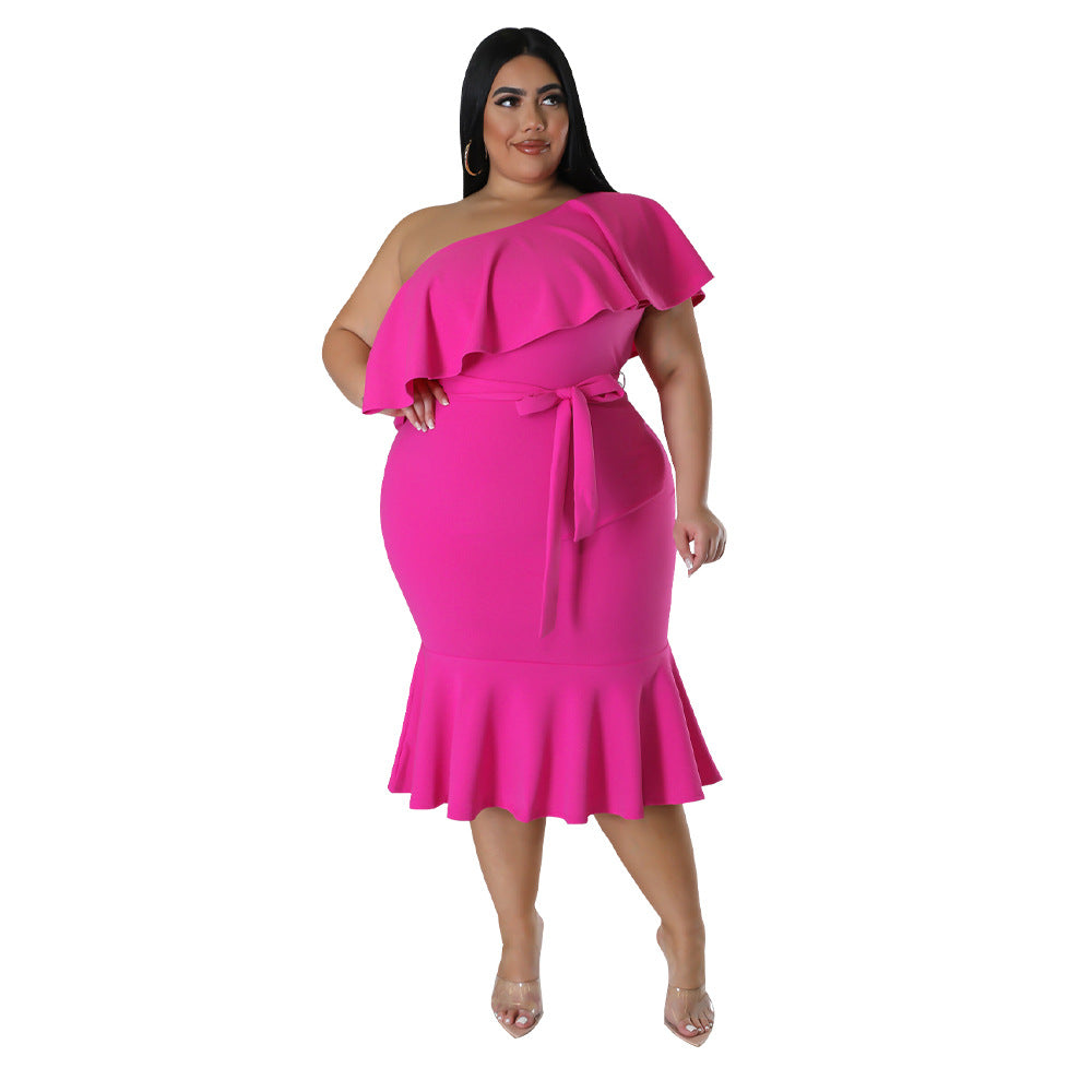 Plus Size Women'S Fashion Fit Casual Ruffle One Shoulder Midi Dress 11