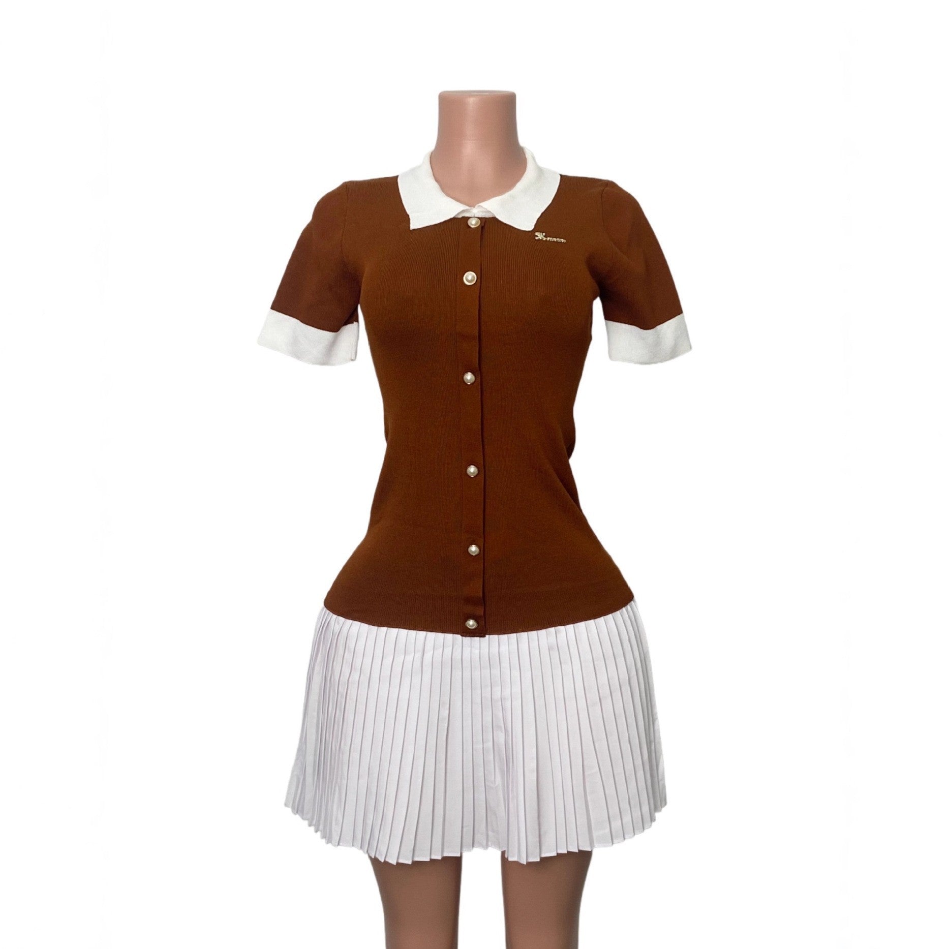 Women Contrast Color Turndown Collar Knitting Short-Sleeved Pleated Dress 14