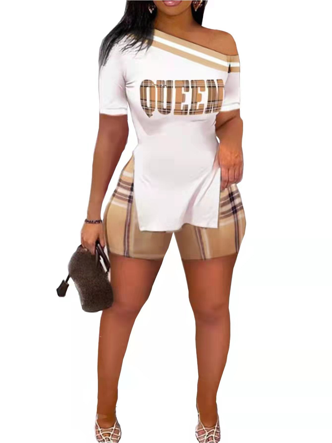 Fashion Casual Women's Slash Shoulder Slit Letter Positioning Print Short Sleeve Suit 3