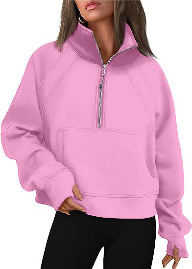 Autumn and Winter Women's Half-Zip Short Stand Collar Plush Solid Color Top 10
