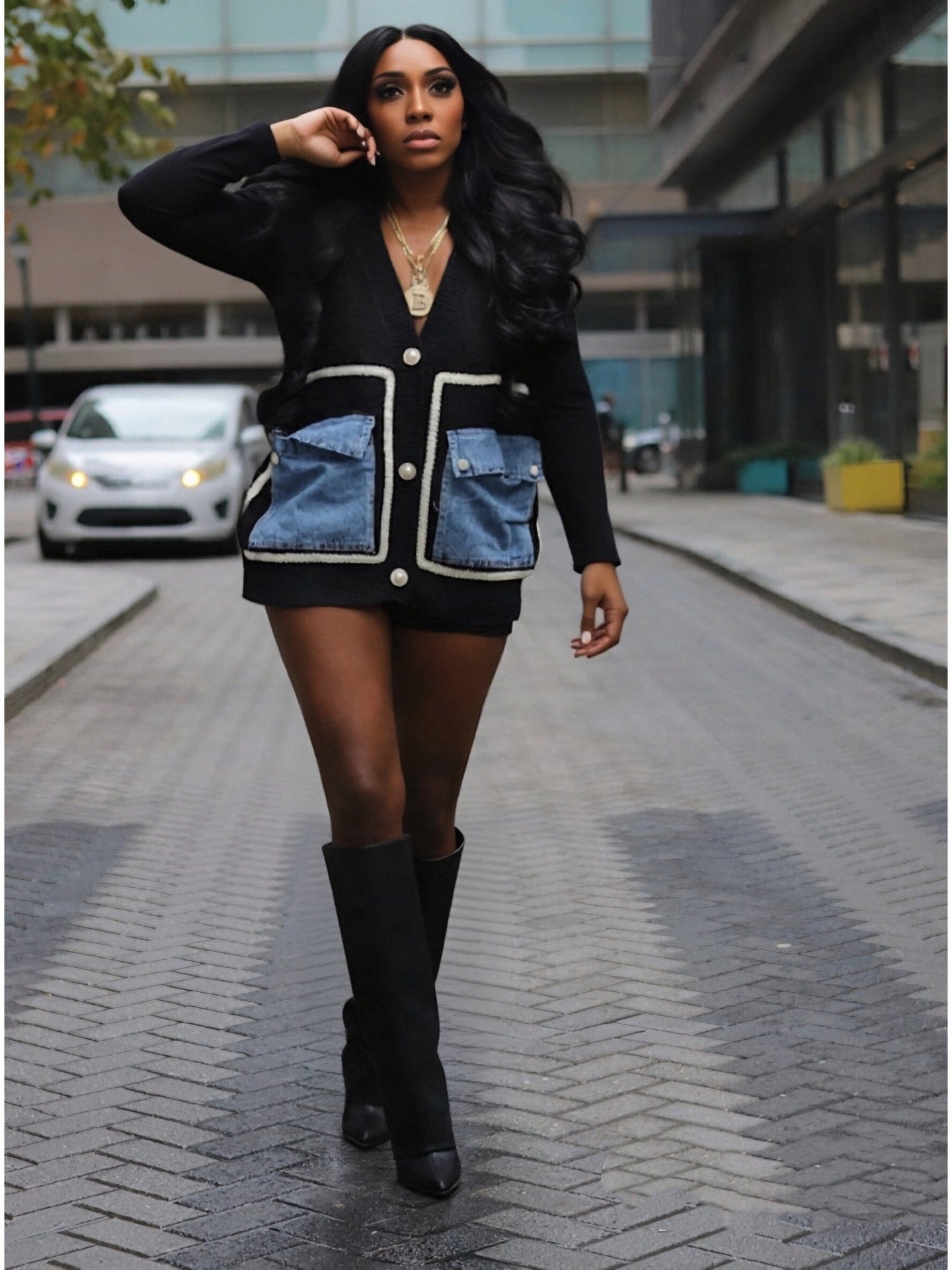 Women Patchwork single-breasted Denim pocket sweater 4