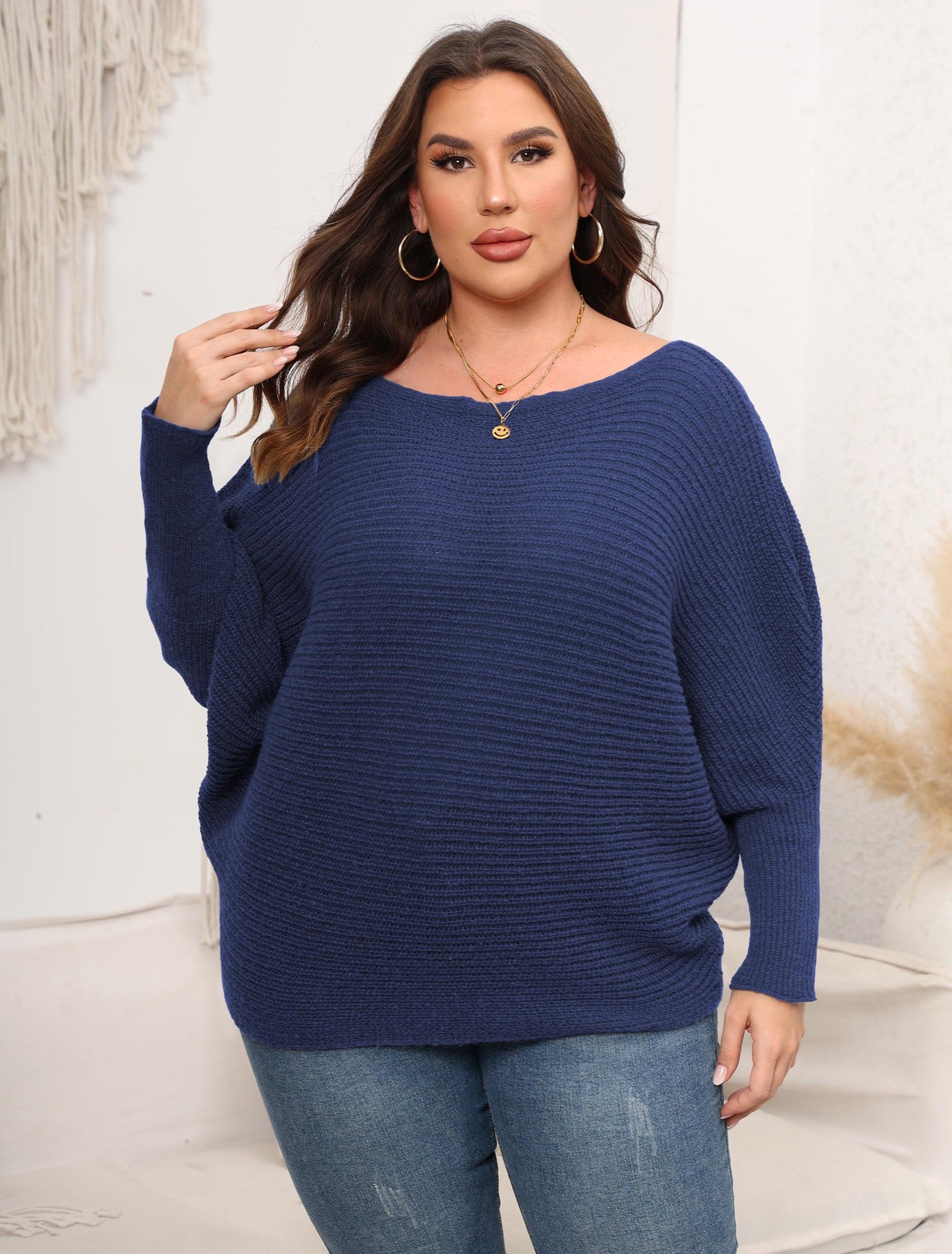 Women's Pullover Woven Sweater Plus Size Women's Autumn And Winter Bat Sleeves Loose Sweater