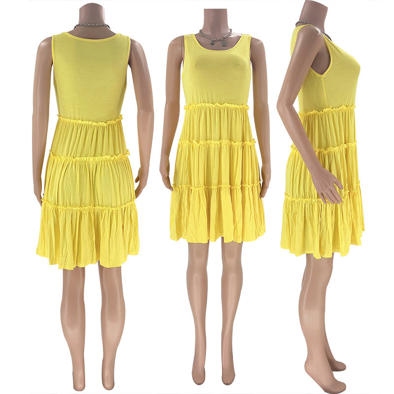 Summer Solid Round Neck Sleeveless Casual Women's Fashion Pleated Casual Dress 32