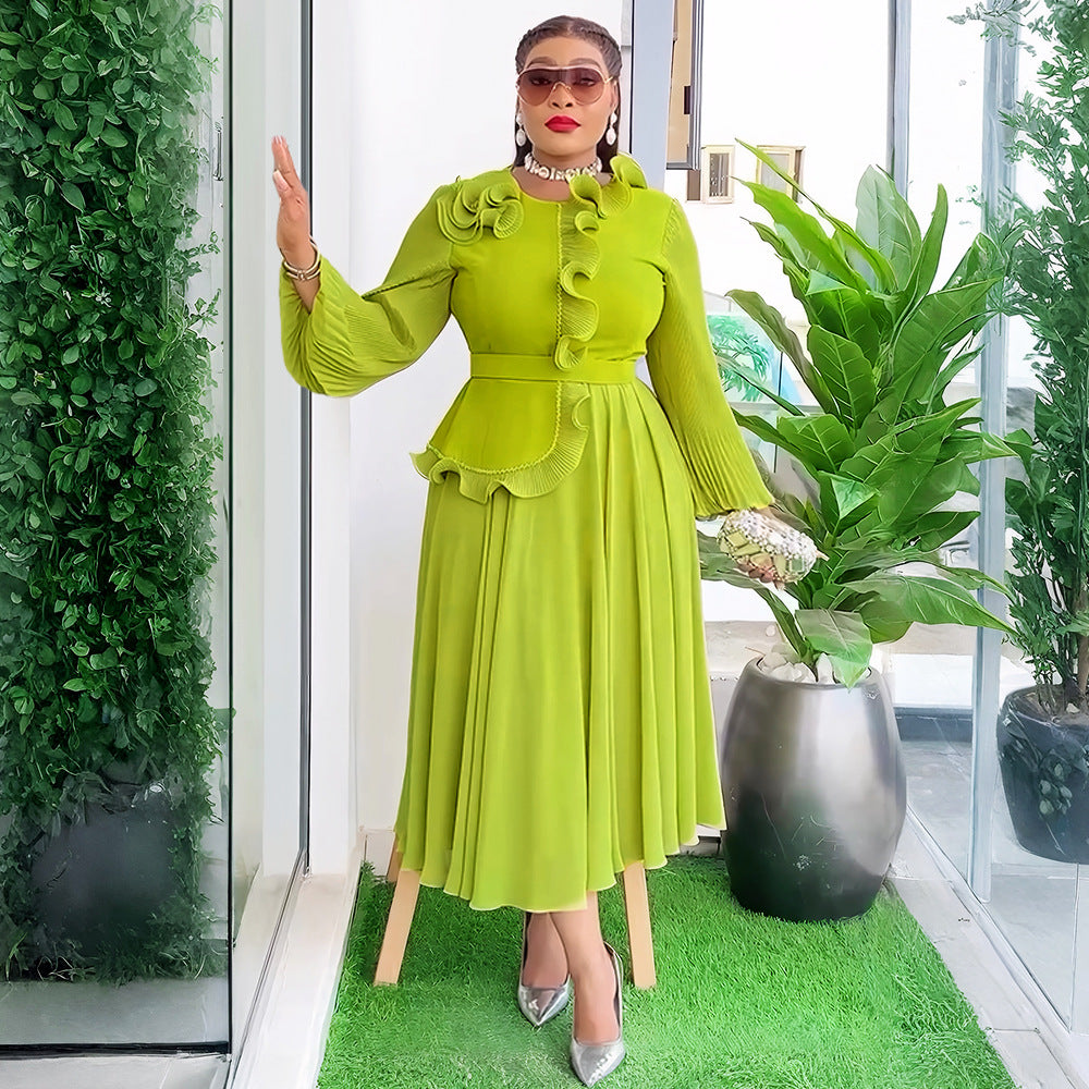 Plus Size African Women elegant pleated Ruffle Edge dress