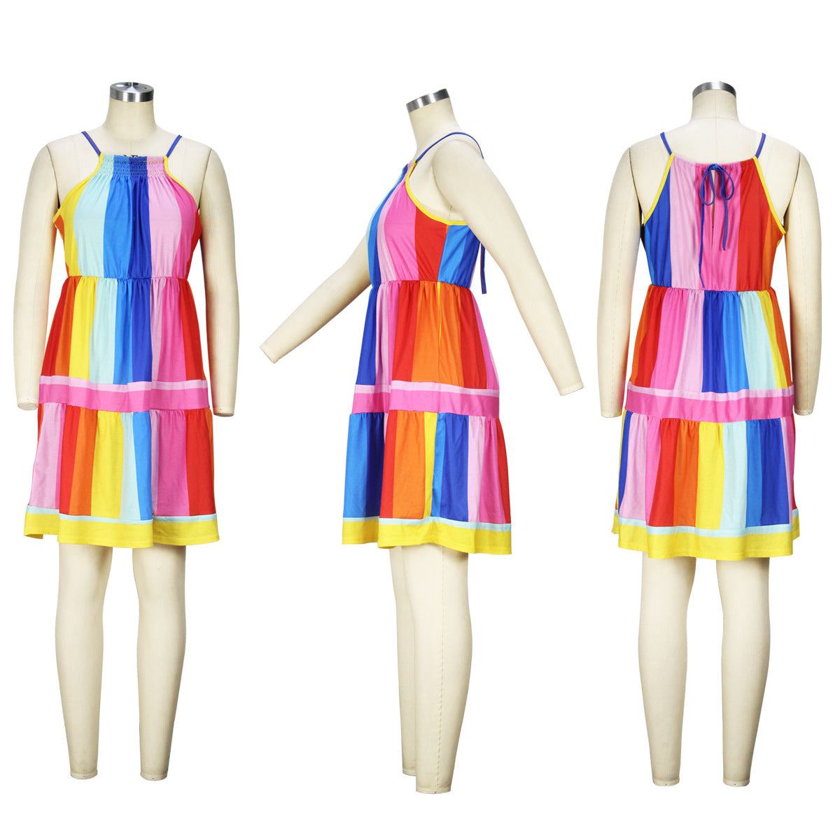 Rainbow Stripe Fashion Straps Casual Dress Color Block Patchwork Sexy Dress For Women 12