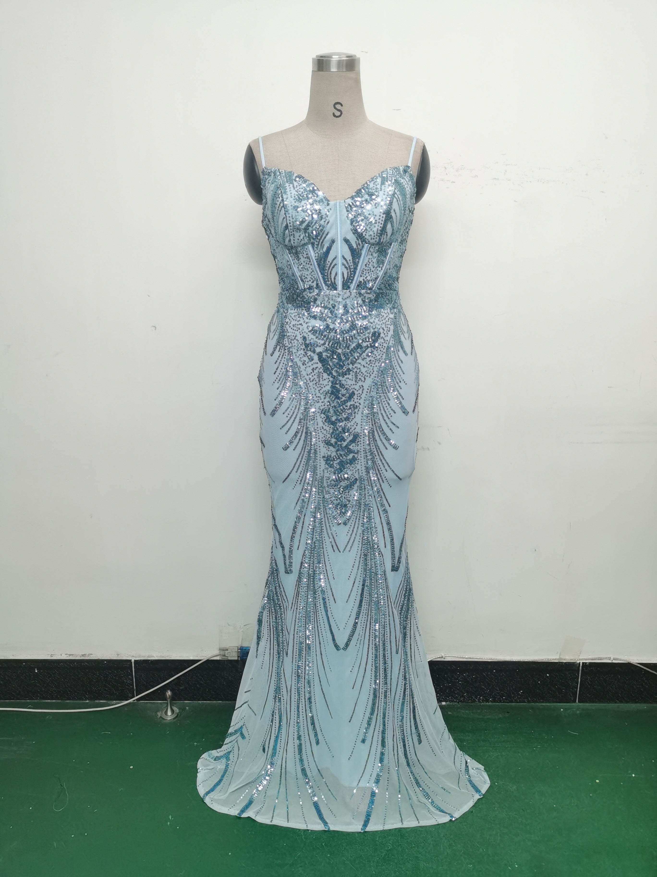 Women Fishbone Sequin Positioning Flower Evening Dress 40