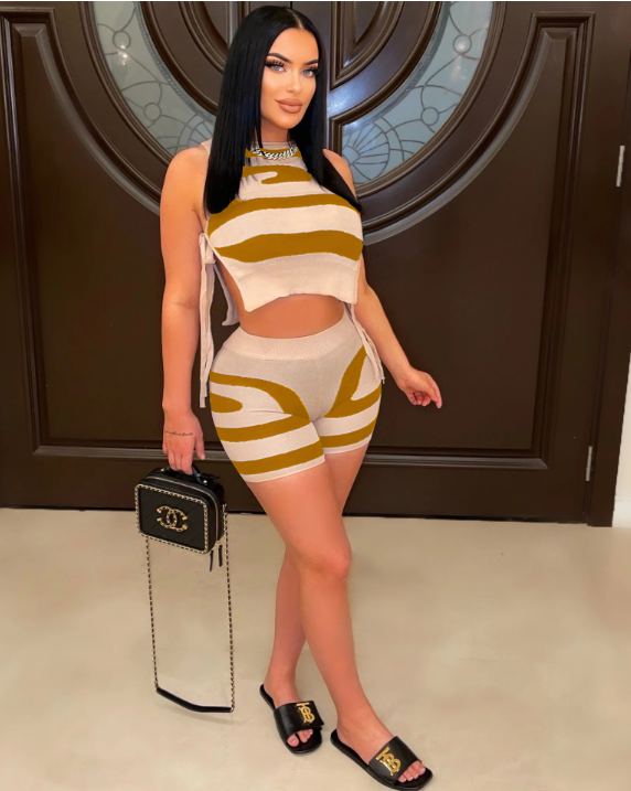 Women's Sleeveless Lace-Up Print Casual Two-Piece Set