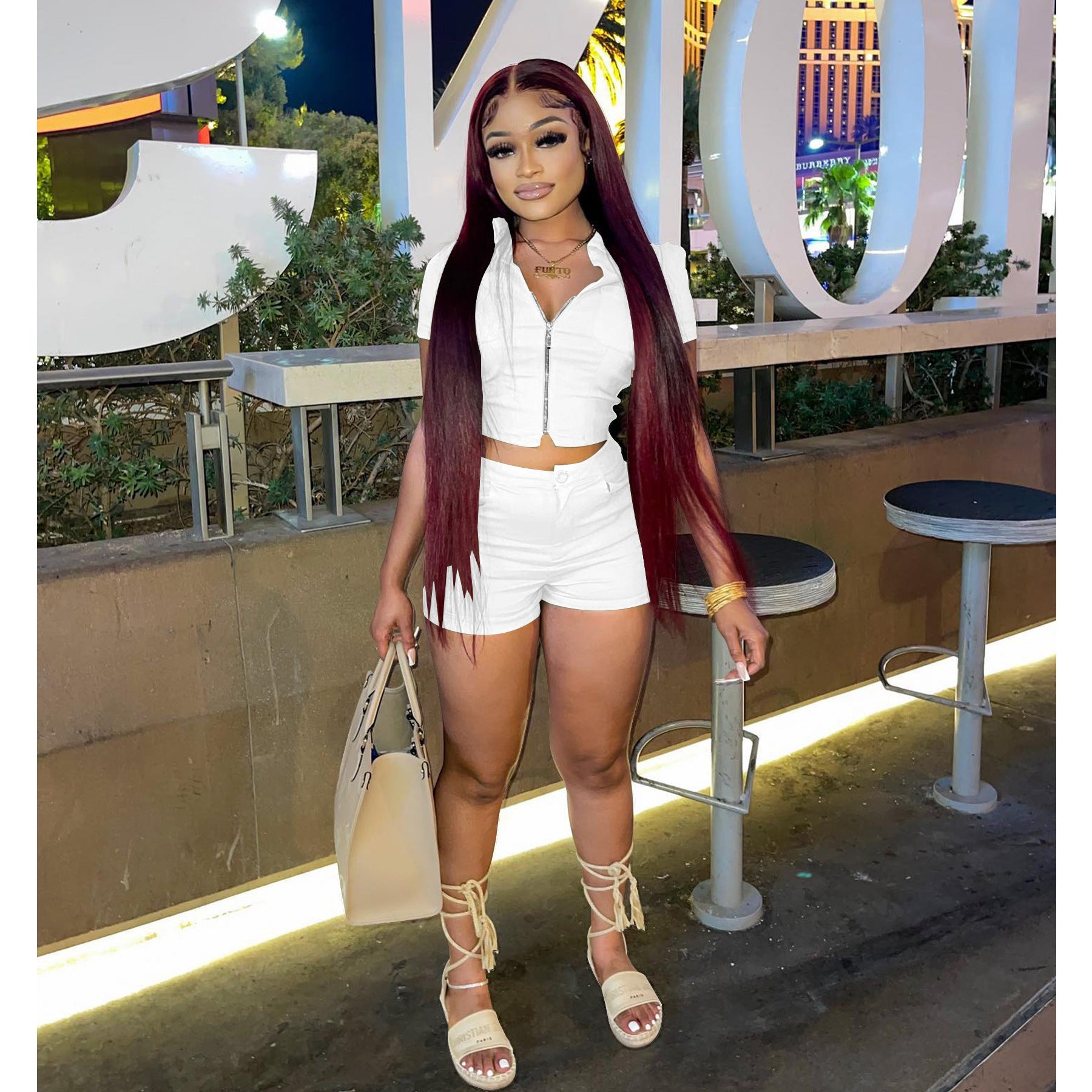 Women's summer casual women's zipper short-sleeved jacket shorts two-piece set of solid color high elastic fabric 12