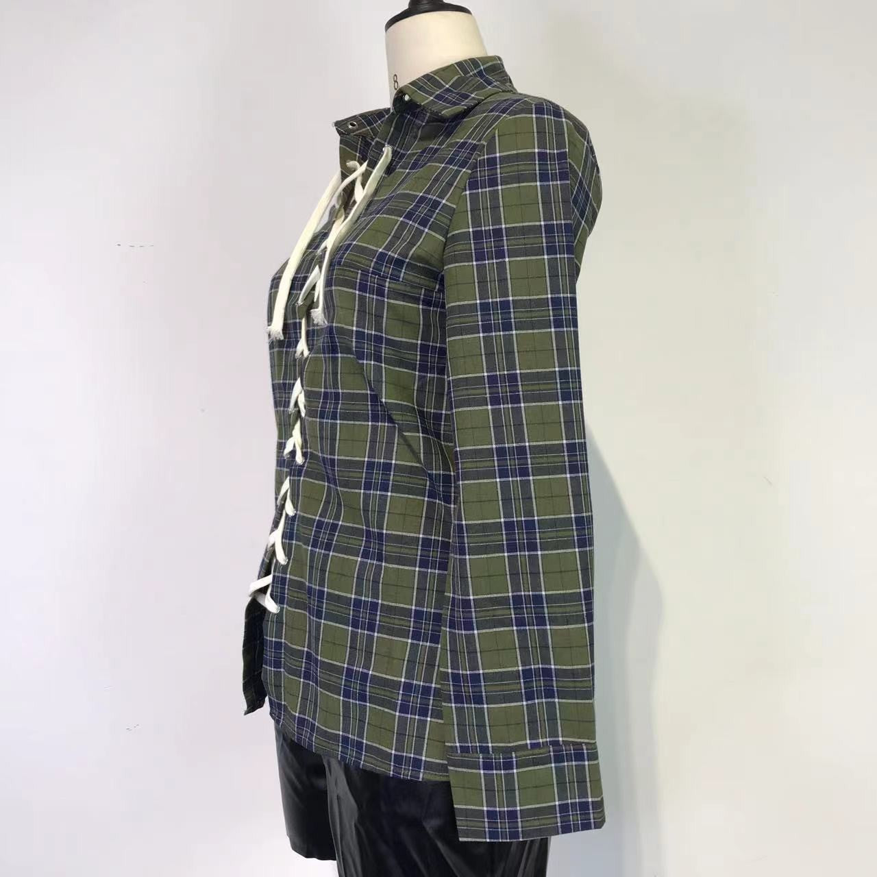 Women Casual Sexy Plaid Long-Sleeve Lace-Up Shirt 8