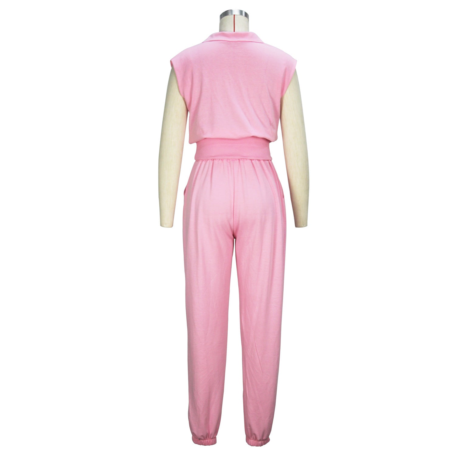 Women's Spring Summer Chic Elegant Solid Pink Sleeveless Top Pants Set 5
