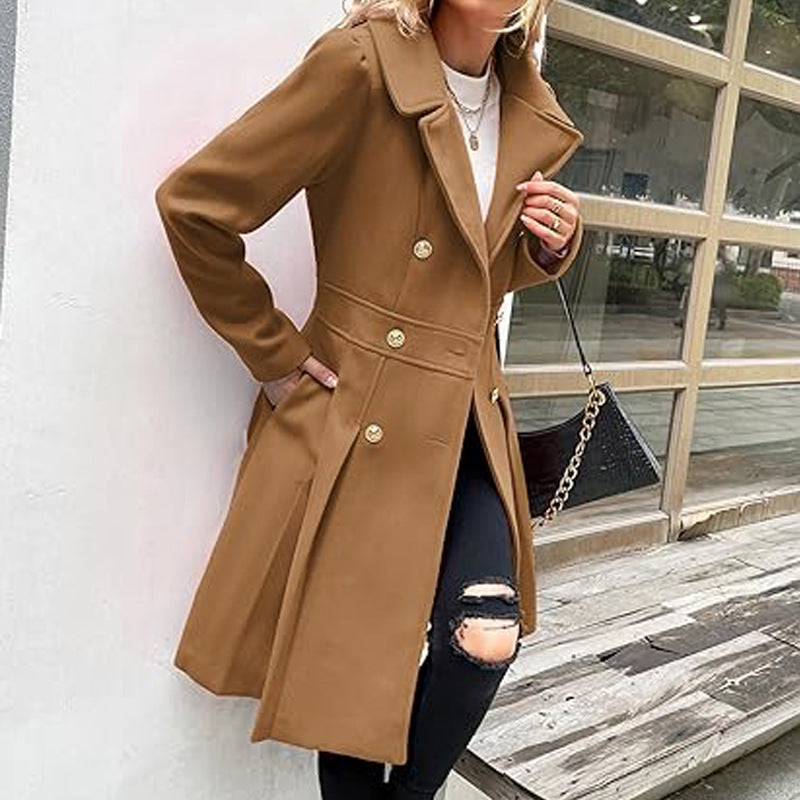 Women Fall and Winter Turndown Collar Double-Breasted Pocket Windbreaker 42