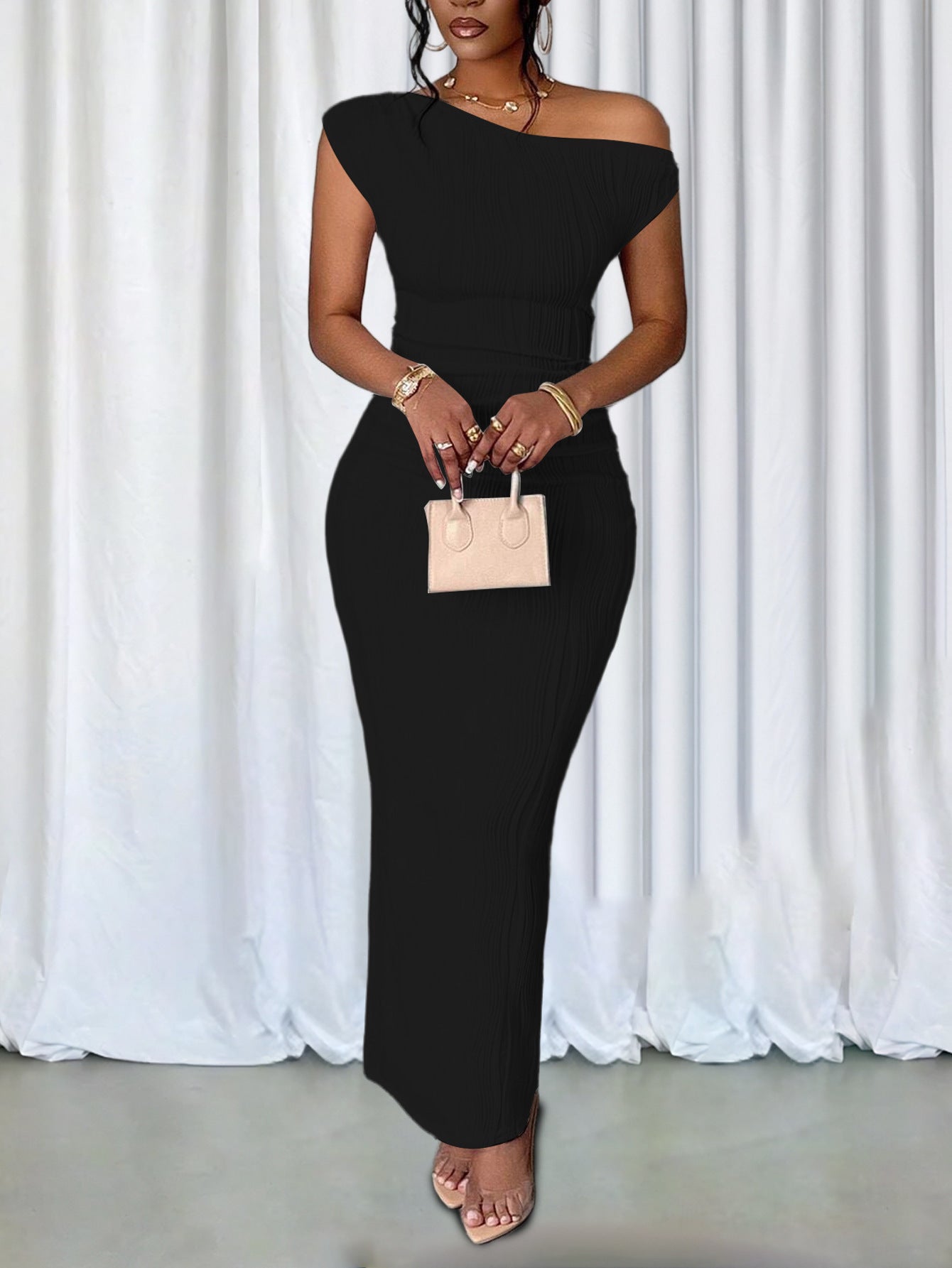 Fashion Ripple Slash Shoulder Slim Long Dress 7