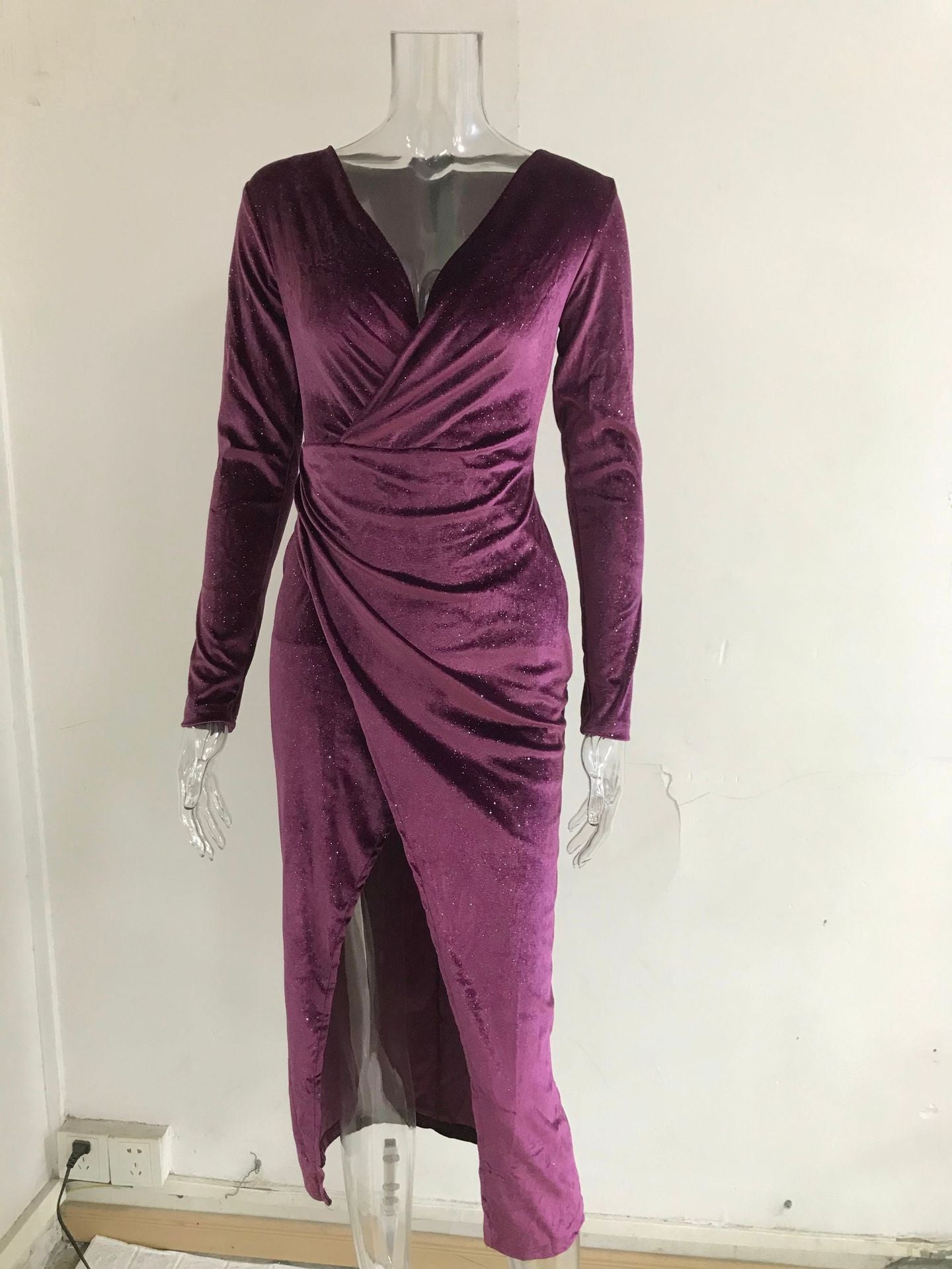 Women Sexy Leg-Exposing Long Sleeve Velvet Dress 30