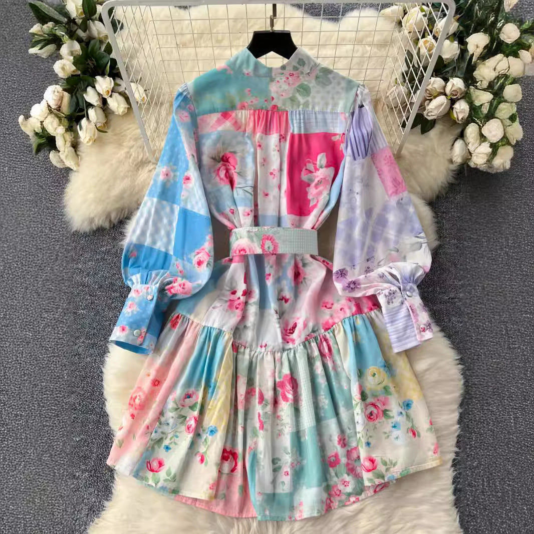 Women Stand Collar Lantern Long Sleeve Ruffle Printed Dress 5