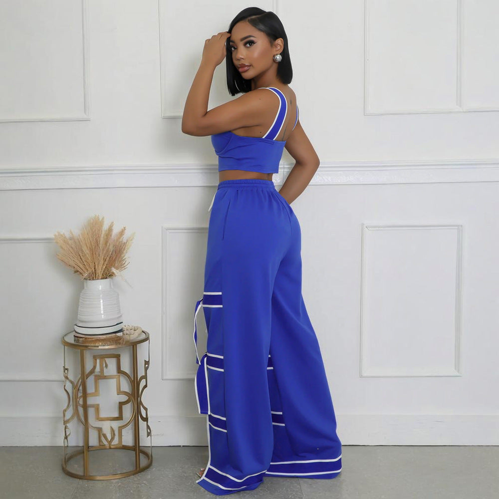 Women Two Piece Set Suspender Top Lace Wide Leg Pants Two Piece Set 4