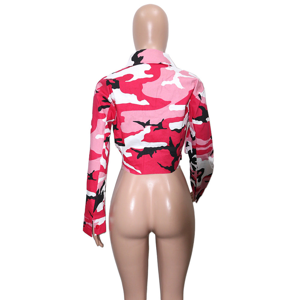 Women'S Long Casual Fashion Camouflage Print Big Pocket Turndown Collar Short Jacket 19