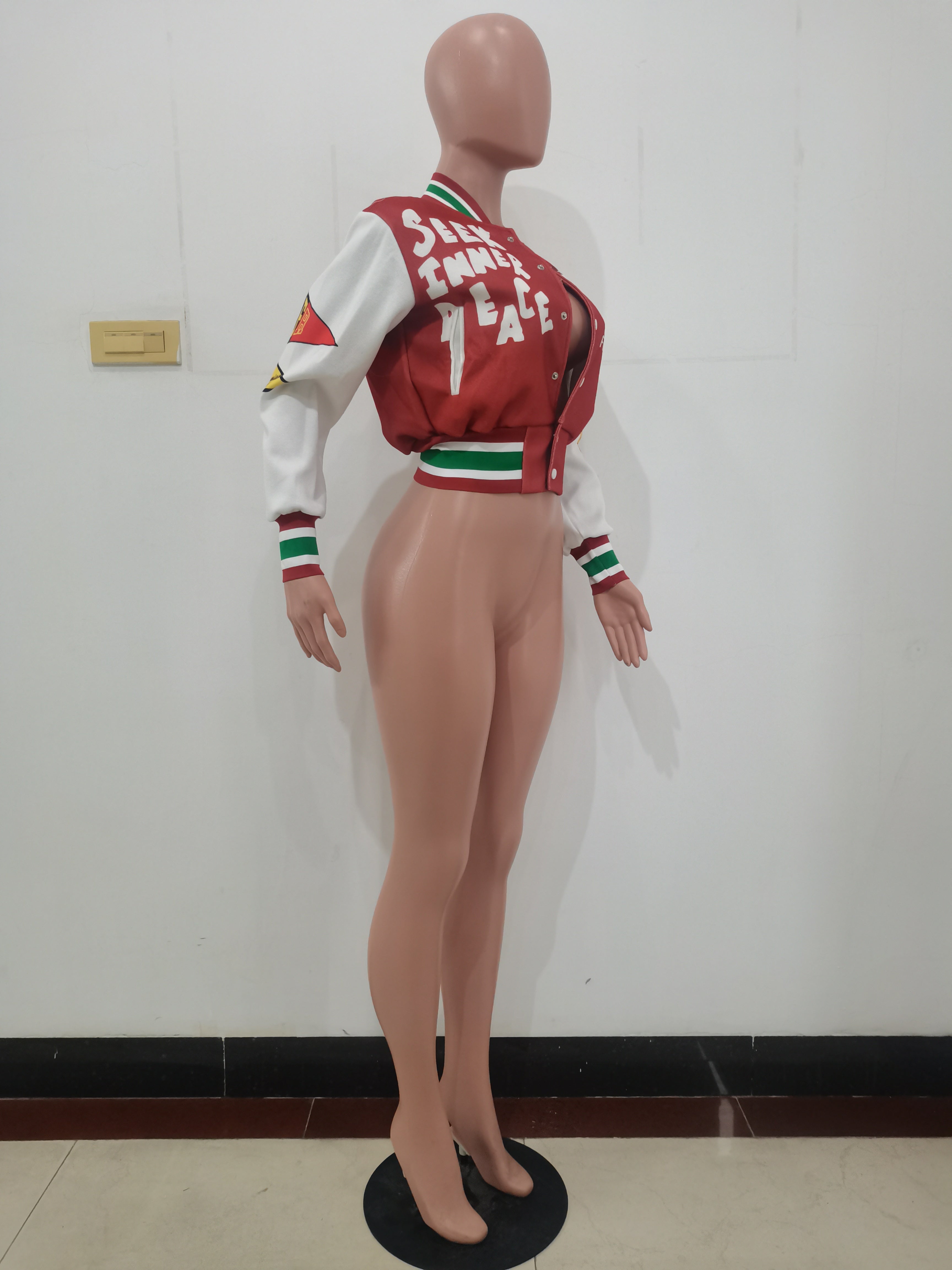 Positioning Print Ribbed Fashion Women's Top Baseball Jacket 26