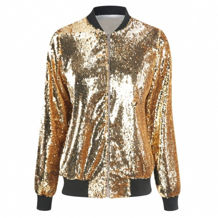 Casual Women's Fall Outer Coat Plus Size Loose Sequin Baseball Jacket 4