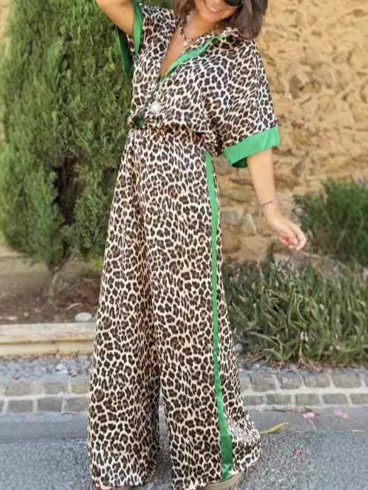 Women's Casual Leopard Print Contrast Short Sleeve Button Top Wide Leg Pants Two Piece Set 6