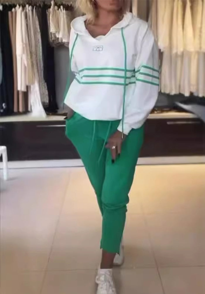 Autumn Fashion Color Matching Hooded Long-Sleeved Hoodies Casual Pants Sports Two-Piece Set For Women