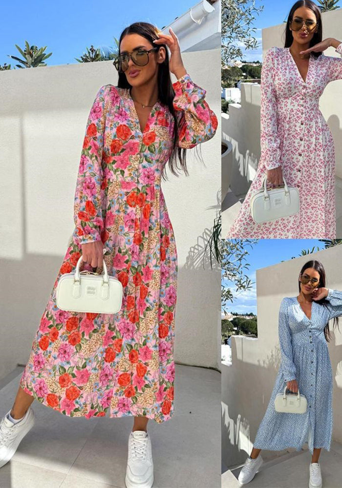 Long-Sleeve Floral Slim Waist Casual Dress