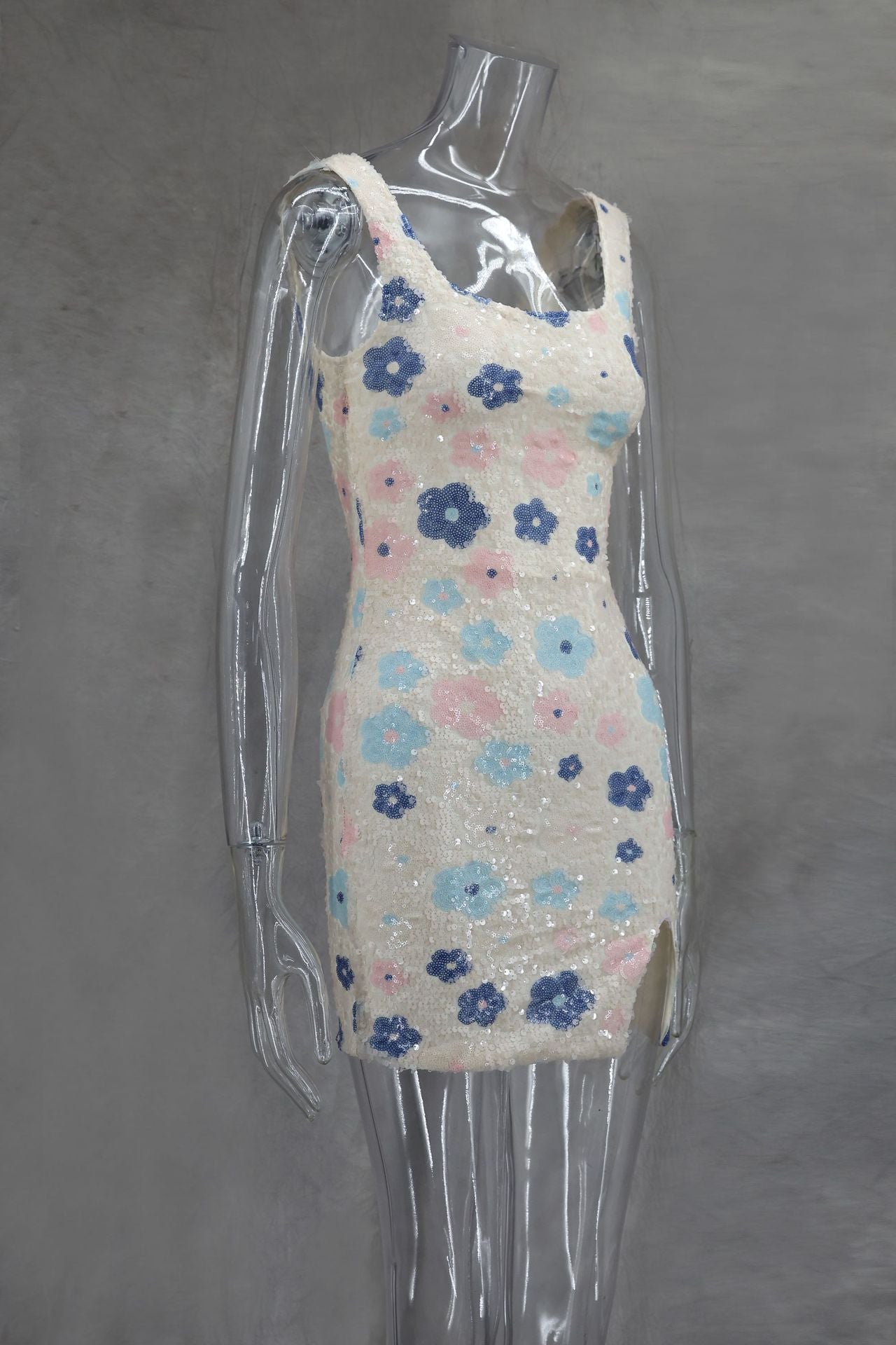 Spring Summer Multi-Color Flower Diamond Plaid Sequin Slit Bodycon Sexy Dress 7