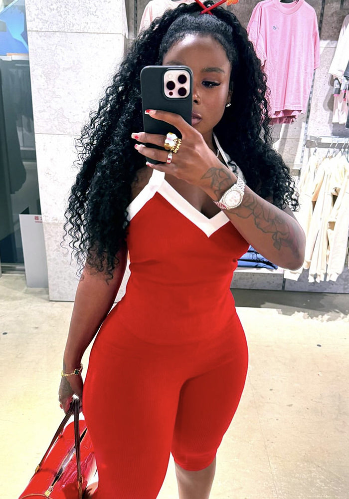 Summer Fashion Elastic Contrast Color Halter Neck Vest Top Tight Fitting Mid-Length Pants Two Piece Set