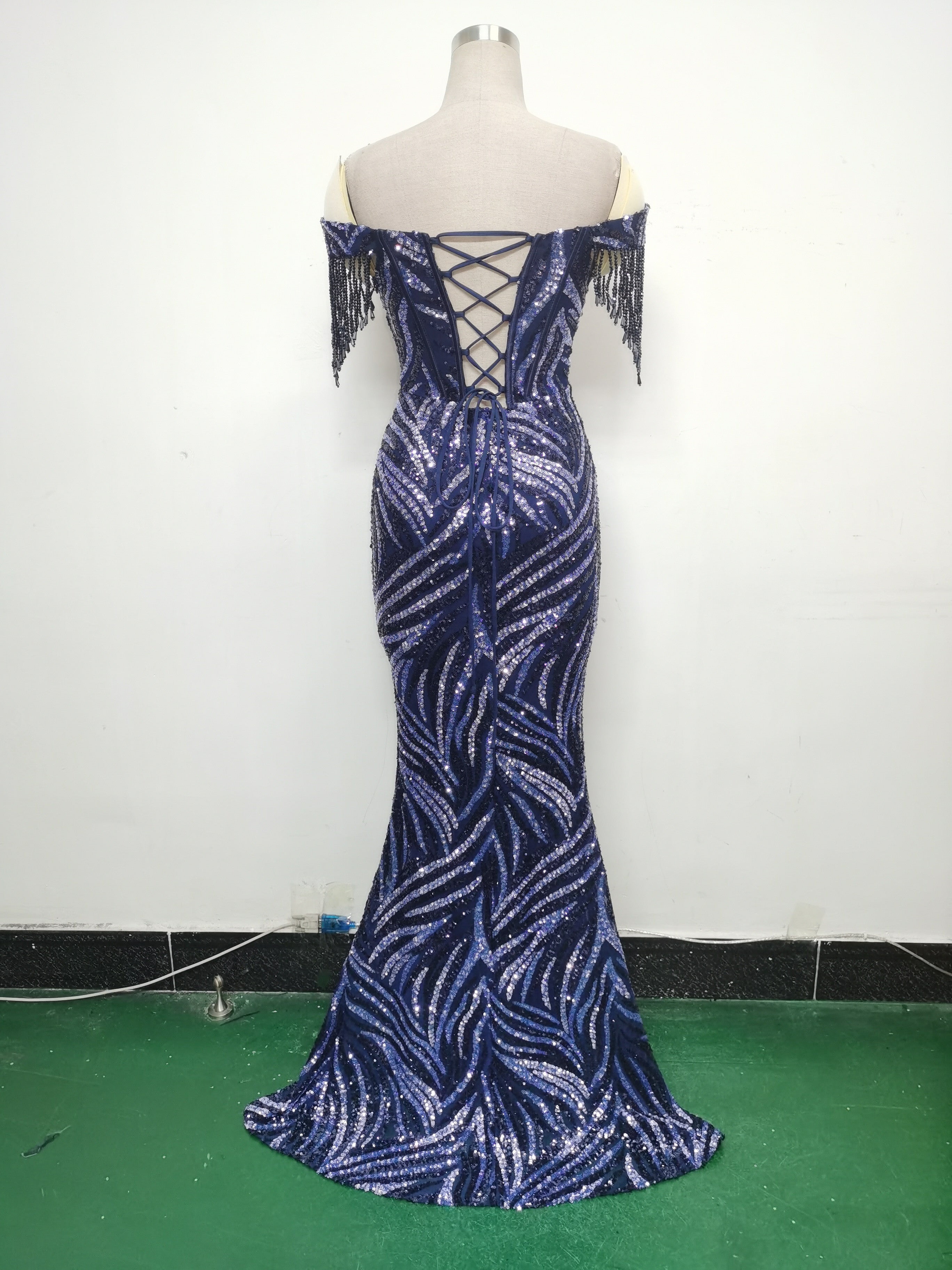 Off Shoulder Tassels Fishbone Slim Waist Lace-Up Sequin Evening Dress 24