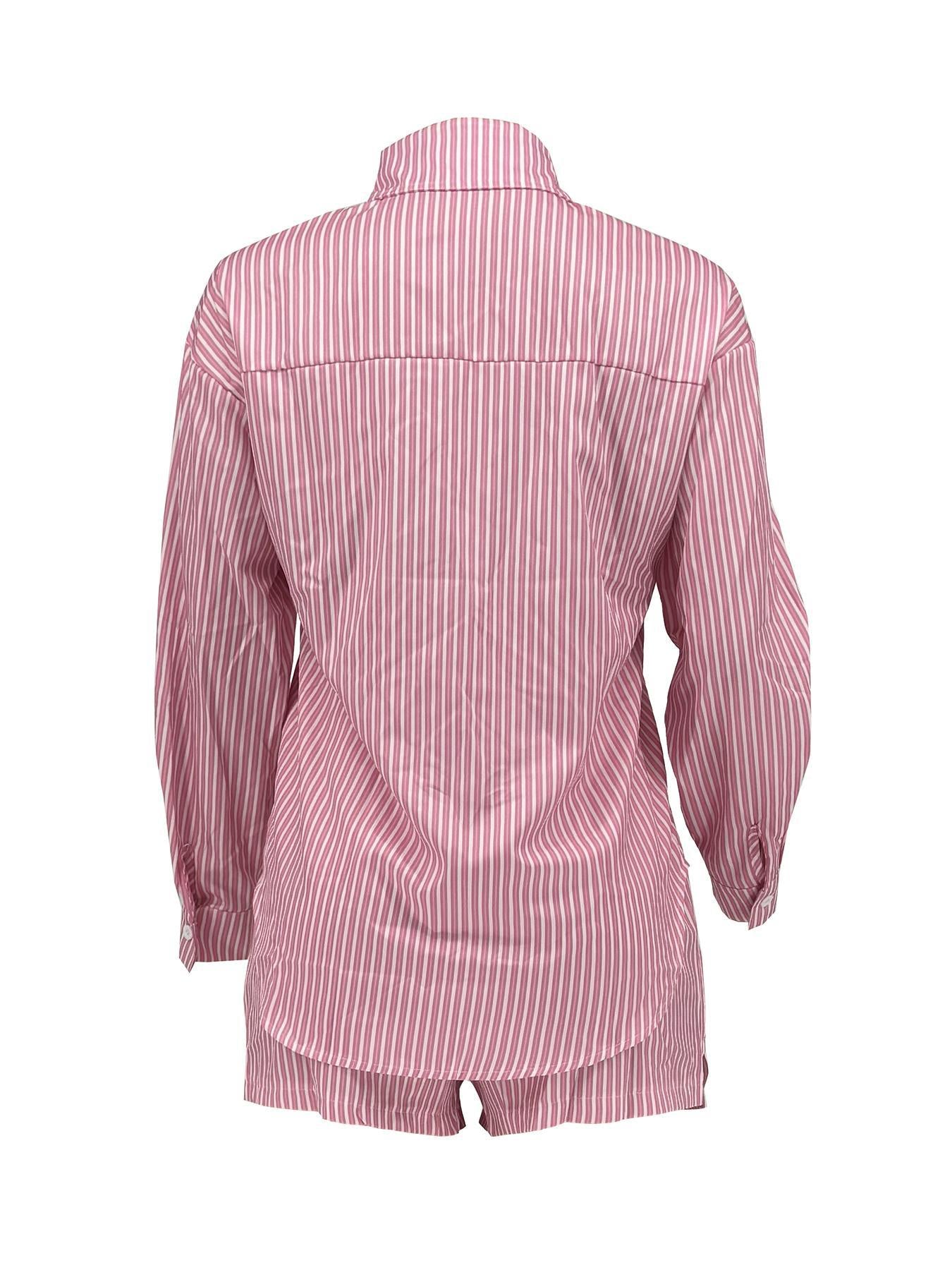 Women Spring Summer Holidays Long Sleeve Shirt Striped Shorts Two Piece Set 15