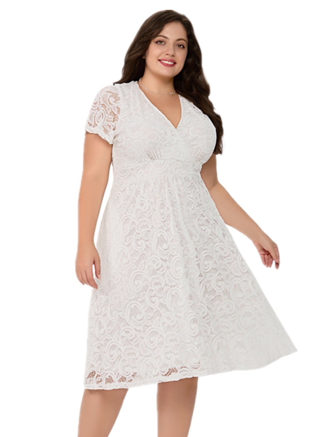 Plus Size Women short-sleeved v-neck lace pocket dress 3