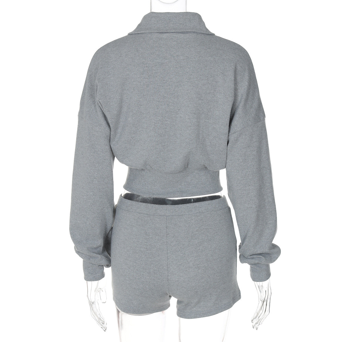 Fashion Women's Autumn Turndown Collar Long Sleeve Zipper Top Tight Fitting Shorts Two Piece Set 8