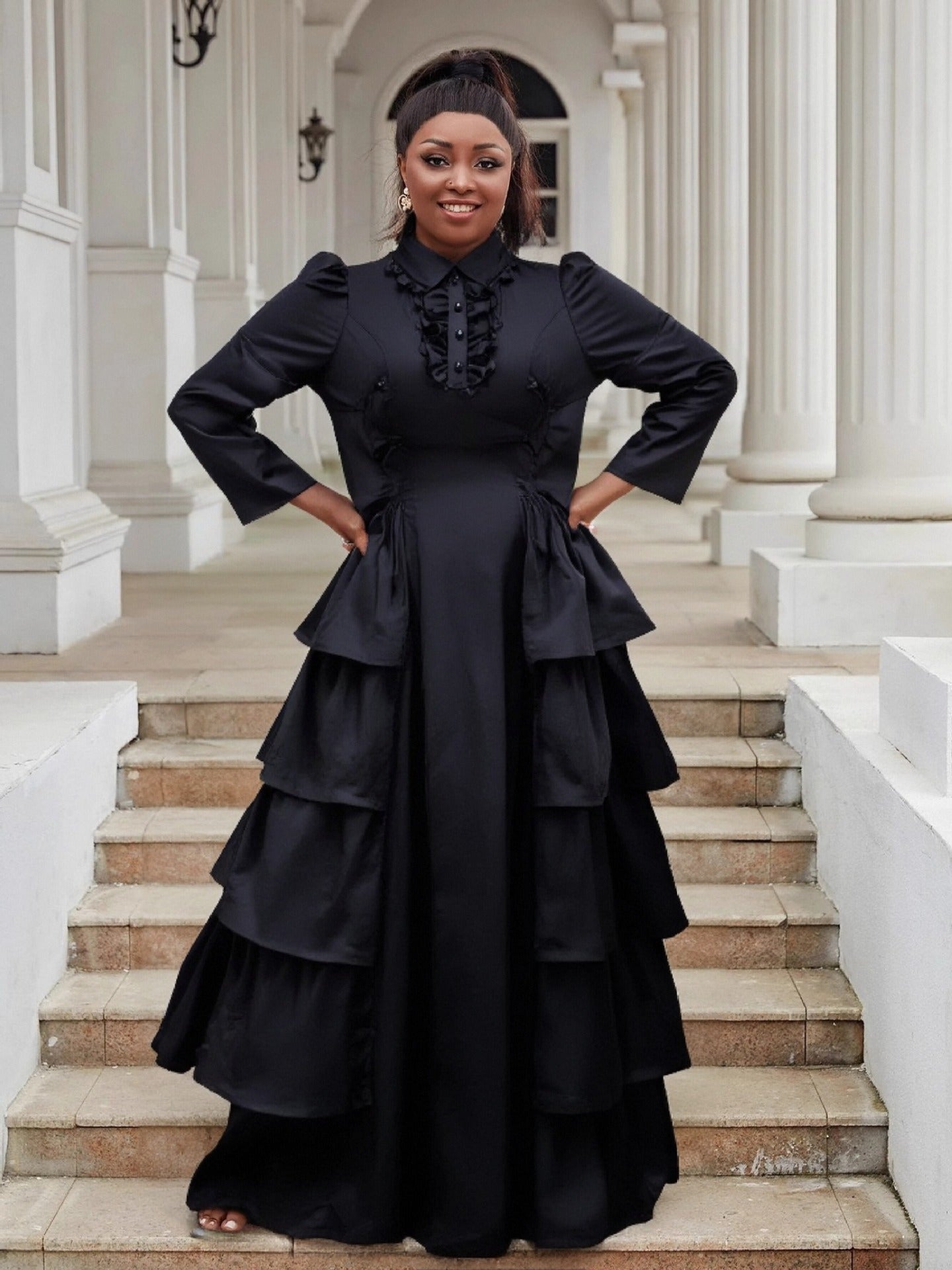 Black Ruffled Plus Size Long Cake Dress 4