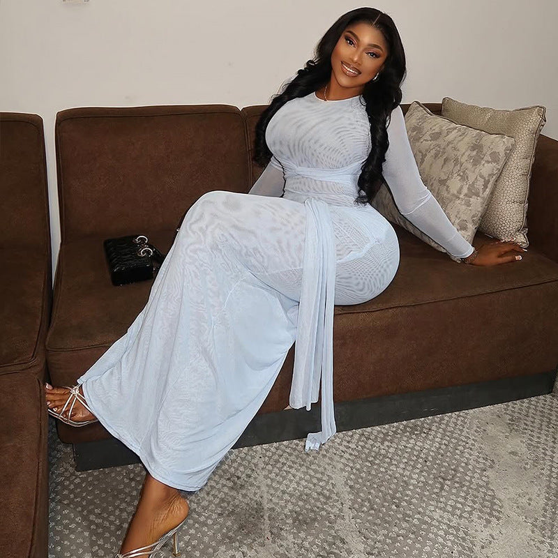 Women's Chic Slim Waist Transparent Pleated Lace-Up Round Neck Solid Color Long Dress 6